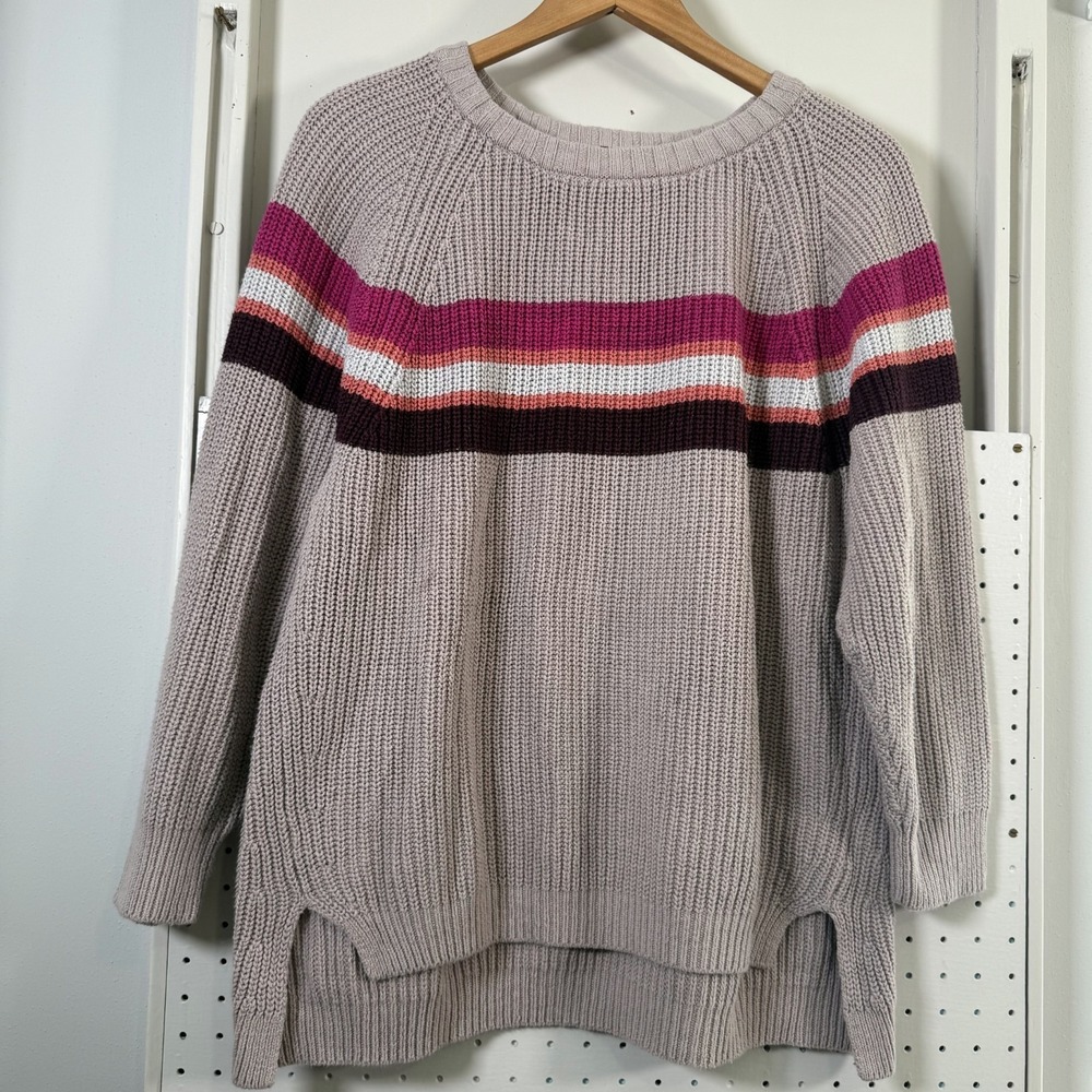 Express Mauve Sweater Women's Gray Striped Knit Raglan Sleeve Pullover - Small